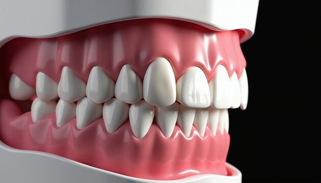 Model of human teeth showing jaw alignment and overbite. Dental illustration displays upper and lower teeth, gums, and molars. Healthy and unhealthy occlusion, oral care and treatment concepts.