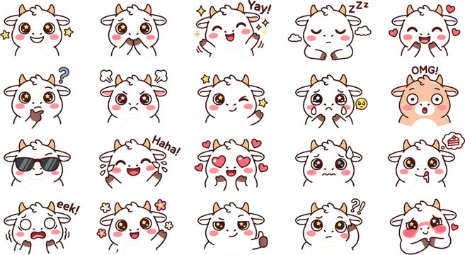 
Cute Kawaii Baby Cow Emoji Sticker Set with Funny Expressions and Emotions for Social Media, Chat, and Kids Themed Designs
