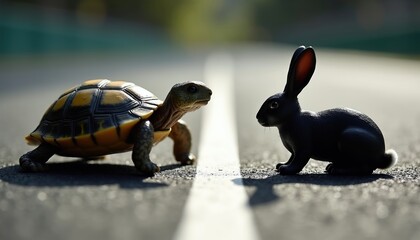 Naklejka premium Tortoise figurine passes hare figurine on asphalt race track. Slow steady progress achieves goals. Business strategy concept for competition and success. Planning and patience wins.