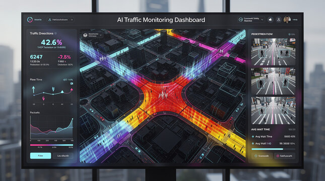 AI-powered traffic monitoring dashboard displaying real-time traffic directions, live camera feeds, and congestion heatmaps at a city intersection.