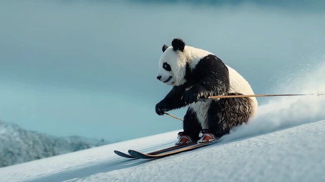 A panda wearing goggles skis downhill swiftly across a snow-covered slope, kicking up powder under a clear, blue sky on a bright day