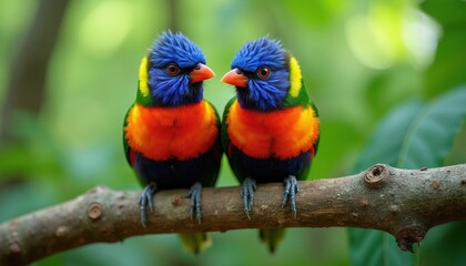Fototapeta premium Two colorful rainbow lorikeets with bright blue heads, orange chests perch together on tree branch. Vibrant plumage creates cheerful scene in rich green foliage. Birds exhibit striking patterns.
