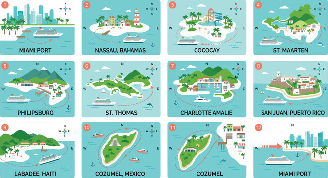 Colorful Caribbean Cruise Destination Map Icon Set with Islands, Ports, and Tropical Landmarks for Travel and Tourism Themed Designs