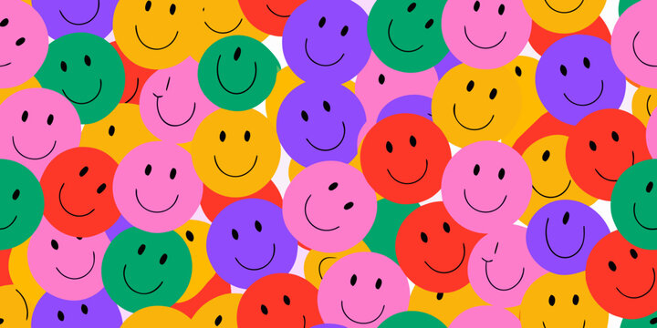 Colorful smiley face collage dense pattern with cheerful expressions