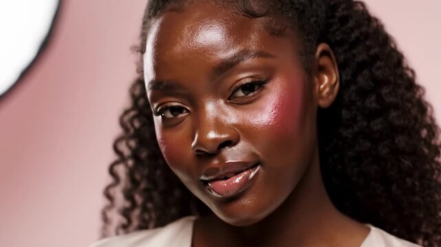 A peaceful black woman with curly hair and glowing skin, exuding a sense of calmness and serenity.