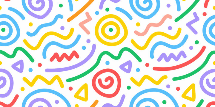 Colorful doodle pattern with abstract shapes and lines on white background