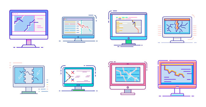 Broken Screen Error Monitor Illustration Collection - Collection of colorful computer monitor illustrations displaying cracked screens, system errors, and technical malfunction concepts on white backg