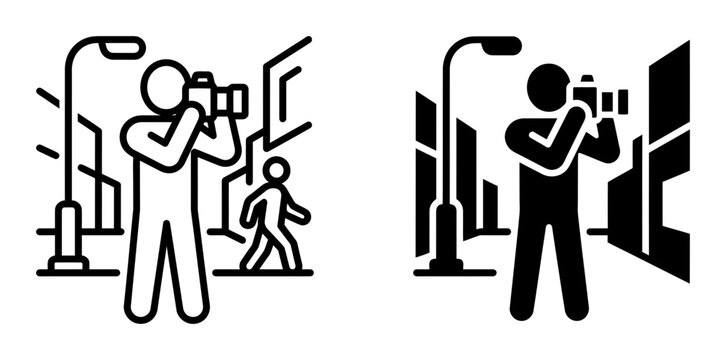 Street photography icons set, photographer taking pictures in urban city environment, professional camera operator and pedestrian vector symbols