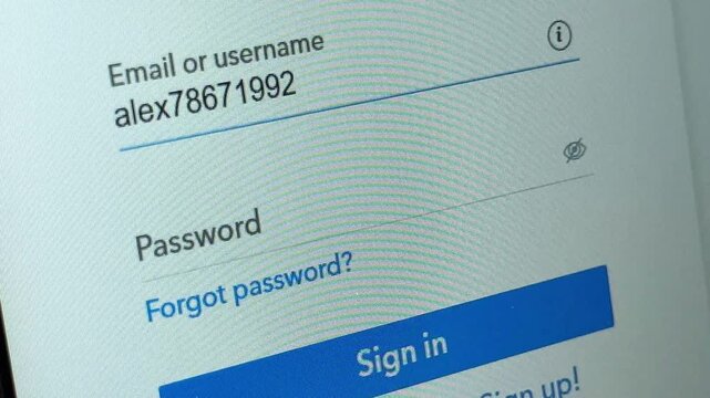 Typing username into online sign in form. Login credentials entered on a digital authentication screen. Account access and password recovery concept..