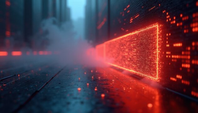 Abstract glowing red digital firewall blocks data streams in futuristic tech environment. Cyber security concept for network protection and data integrity. Futuristic cyberspace with data flow.