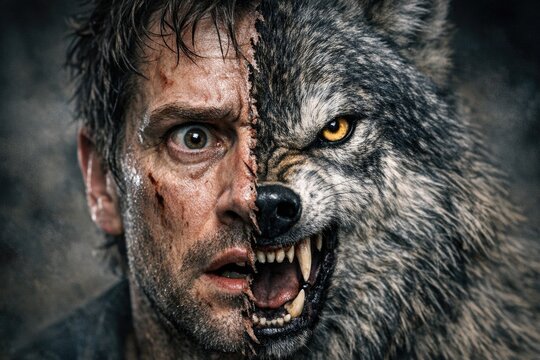 A close-up shot of a person's face with a wolf-like appearance, ideal for use in fantasy or sci-fi themed projects