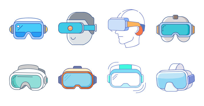 Virtual Reality Headset Collection Vector Illustration - Set of modern virtual reality headsets and VR goggles in different styles, isolated on white background for gaming and technology concepts.