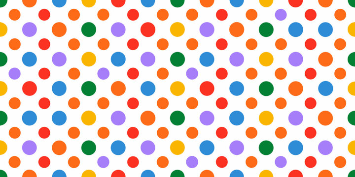 Colorful polka dot pattern on white background seamless repeat