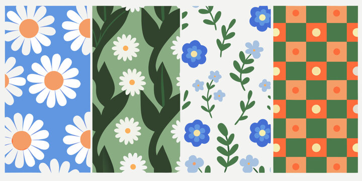 Floral pattern quartet four panel collection of stylized botanical designs