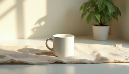 Fototapeta premium White ceramic mug sits on linen fabric, sunlight creating shadows. A potted green plant in background adds natural detail. Minimalist home scene, cozy ambiance is conveyed.