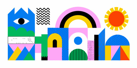 Obraz premium abstract geometric cityscape illustration with colorful shapes and patterns