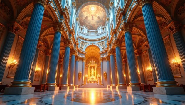 Interior view of grand cathedral nave with ornate columns, altar, dome. Natural light streams in marble floors, golden decor. Majestic architecture inspires awe, reverence. Religious place.
