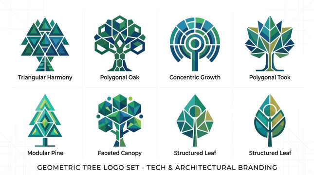 Geometric Tree Logo Set with Polygonal Oak, Pine, and Leaf Designs for Tech, Architecture, and Environmental Branding Themed Designs 