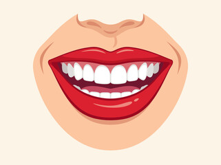 Fototapeta premium Close-up illustration of a smiling mouth with bright red lips and perfect white teeth showing happiness and dental health.