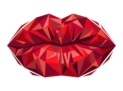 A geometric low-poly illustration of red lips, stylized and abstract, featuring various shades of crimson and ruby.