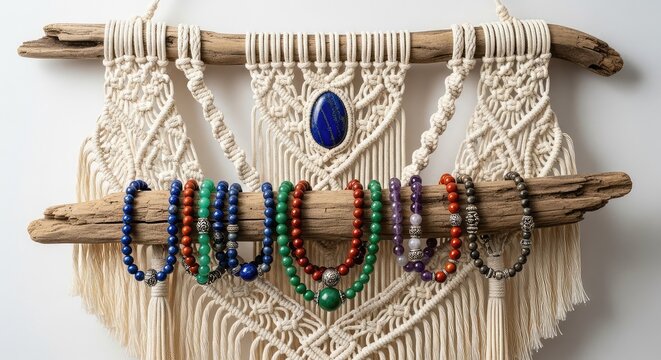 Intricate macrame wall hanging showcases handmade gemstone necklaces and beaded bracelets arranged on weathered driftwood in soft lighting, rings, earthy, necklaces