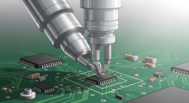 Technical Robotic Soldering Microchip on Printed Circuit Board