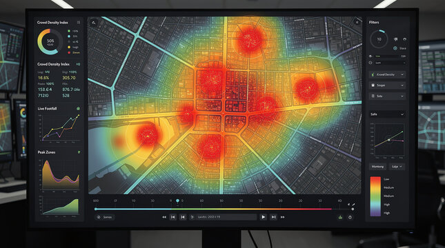 Heatmap analysis on a digital city map showing areas of high activity with data metrics and graphs on a modern computer screen in a control room.