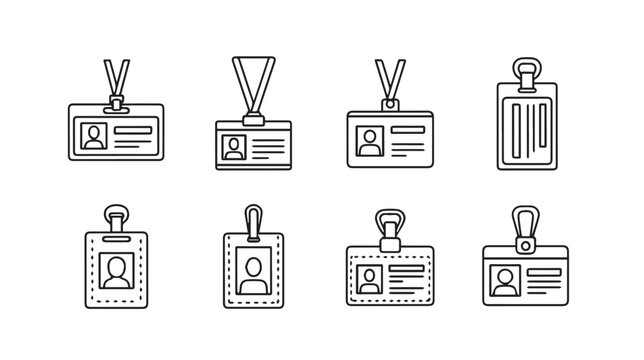 Identification badges on lanyards against a white background in a minimalist design