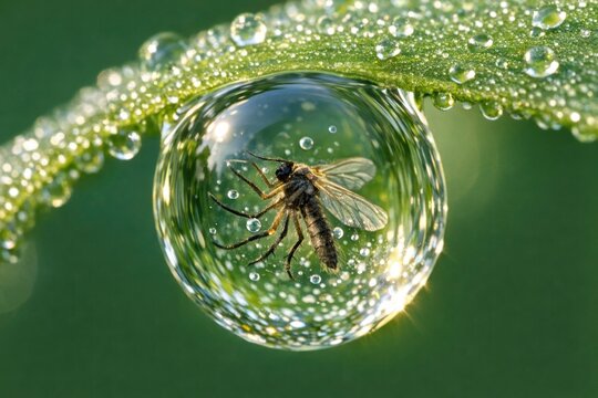 A small water droplet sits on the surface of a leaf, reflecting the surrounding environment