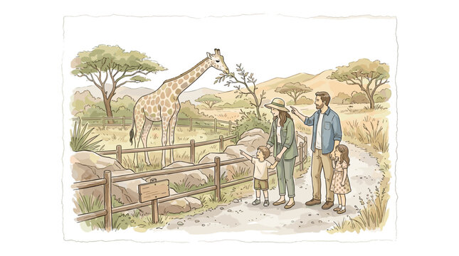 Family observing giraffe at zoo enclosure during weekend outing, soft watercolor vector illustration, delicate hand-drawn ink