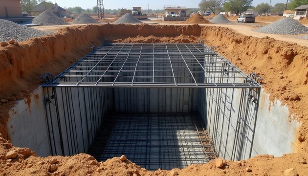 Concrete foundation pit with rebar grid structure. Building site excavation shows rebar cages and reinforced concrete walls. Construction project development prepares for new infrastructure.