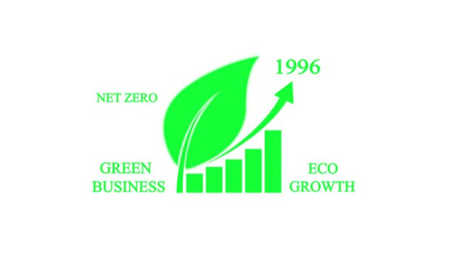 Animated green leaf icon with rising bar graph and arrow on white background, representing net zero emissions and sustainable eco-friendly business growth for 1996.