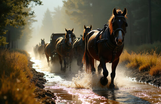 Team Clydesdale horses pull cart through water in New Zealand Alps. Powerful draft animals work rural land traditionally. Horses splash water, create spray amid forest backdrop. Rural scene shows