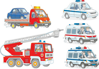 Set of special vehicles with an ambulance car, police cars, a fire-engine and a breakdown truck, a set of vector cartoon illustrations © Alexey Bannykh