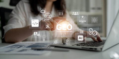 Naklejka premium Digital marketing concept featuring GEO strategy, optimizing content for AI search engines and large language models. Evolution of SEO, brand authority, and AI citation visibility. Corpus