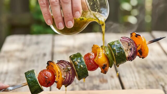 A hand pouring fresh homemade marinade sauce over grilled vegetable skewers on a wooden table.