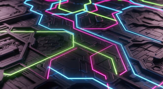 Intricate dark technological surface illuminated by bright, colorful neon circuitry patterns
