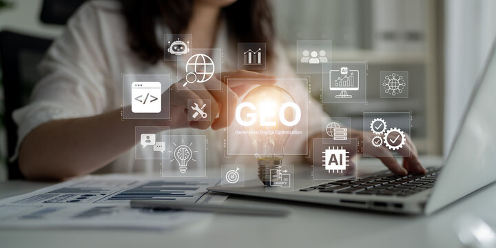 Digital marketing concept featuring GEO strategy, optimizing content for AI search engines and large language models. Evolution of SEO, brand authority, and AI citation visibility. Corpus