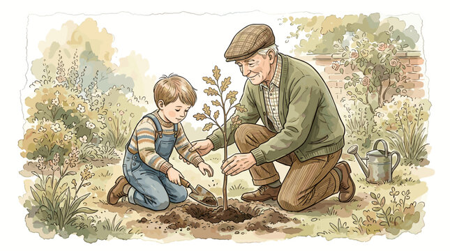 Grandfather and grandson planting small tree sapling in garden soil, soft watercolor vector illustration, delicate hand-drawn ink