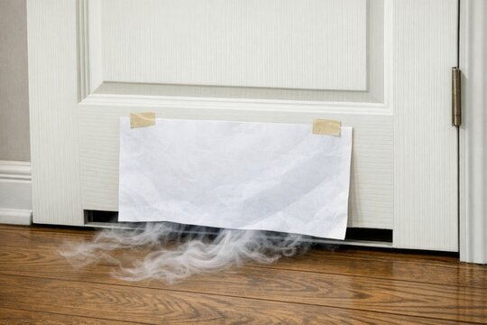 A piece of paper lying on the floor next to a door, potential clue or message