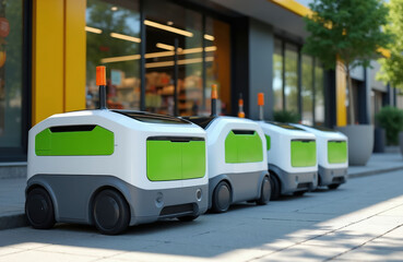 Fototapeta premium Automated robots park outside grocery store for delivery. Futuristic machines await orders to transport food products efficiently. Future of urban logistics and shopping.
