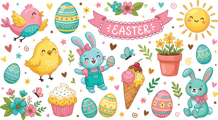 Cute Easter illustration set with bunny, chicks, decorated eggs, flowers, cupcake, and spring elements, festive holiday collection for kids design and seasonal graphics use © MdAbuSayed