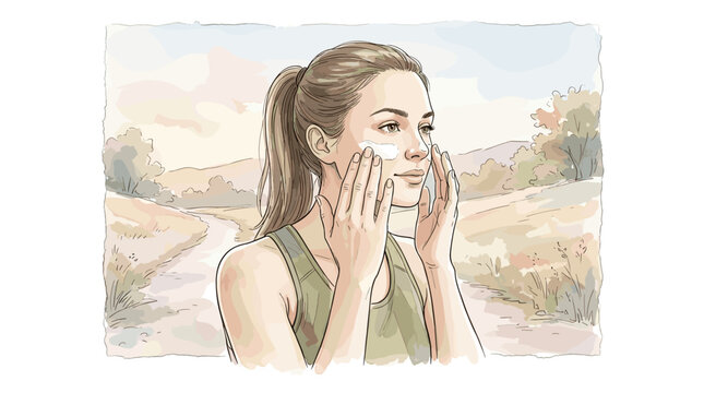 Hands applying sunscreen to face before morning run outside, soft watercolor vector illustration, delicate hand-drawn ink outlines