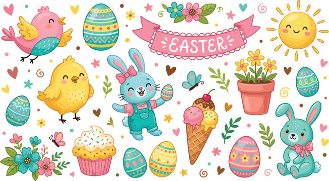 Cute Easter illustration set with bunny, chicks, decorated eggs, flowers, cupcake, and spring elements, festive holiday collection for kids design and seasonal graphics use
