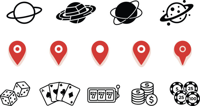 Casino and Navigation Icon Set with Planet Symbols Map Pins Dice Cards and Slot Machine Vectors
