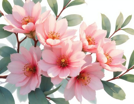 Soft pink eucalyptus blossoms with green leaves on thin branches. Delicate pastel floral arrangement, perfect for spring or summer nature themes, offers gentle beauty and organic design elements.