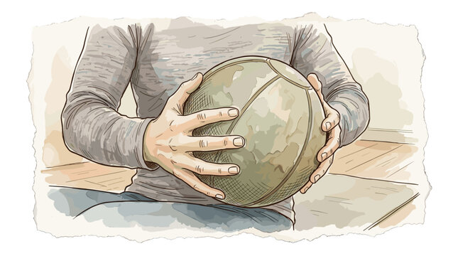 Hands holding medicine ball for core exercise at home, soft watercolor vector illustration, delicate hand-drawn ink outlines,