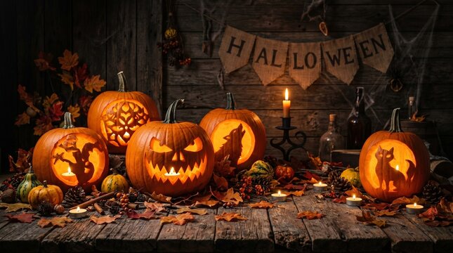 Ultra realistic Halloween composition featuring carved pumpkins with glowing candles autumn leaves dark wooden backgrounds and atmospheric lighting Professional photography inspired design suitable fo