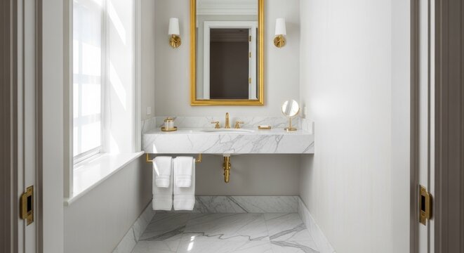 Elegant interior bathroom space features floating marble vanity beneath bright window light