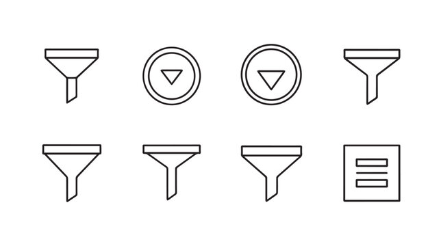 Multiple funnel icons and download arrows in a clean white background for data filtering concepts